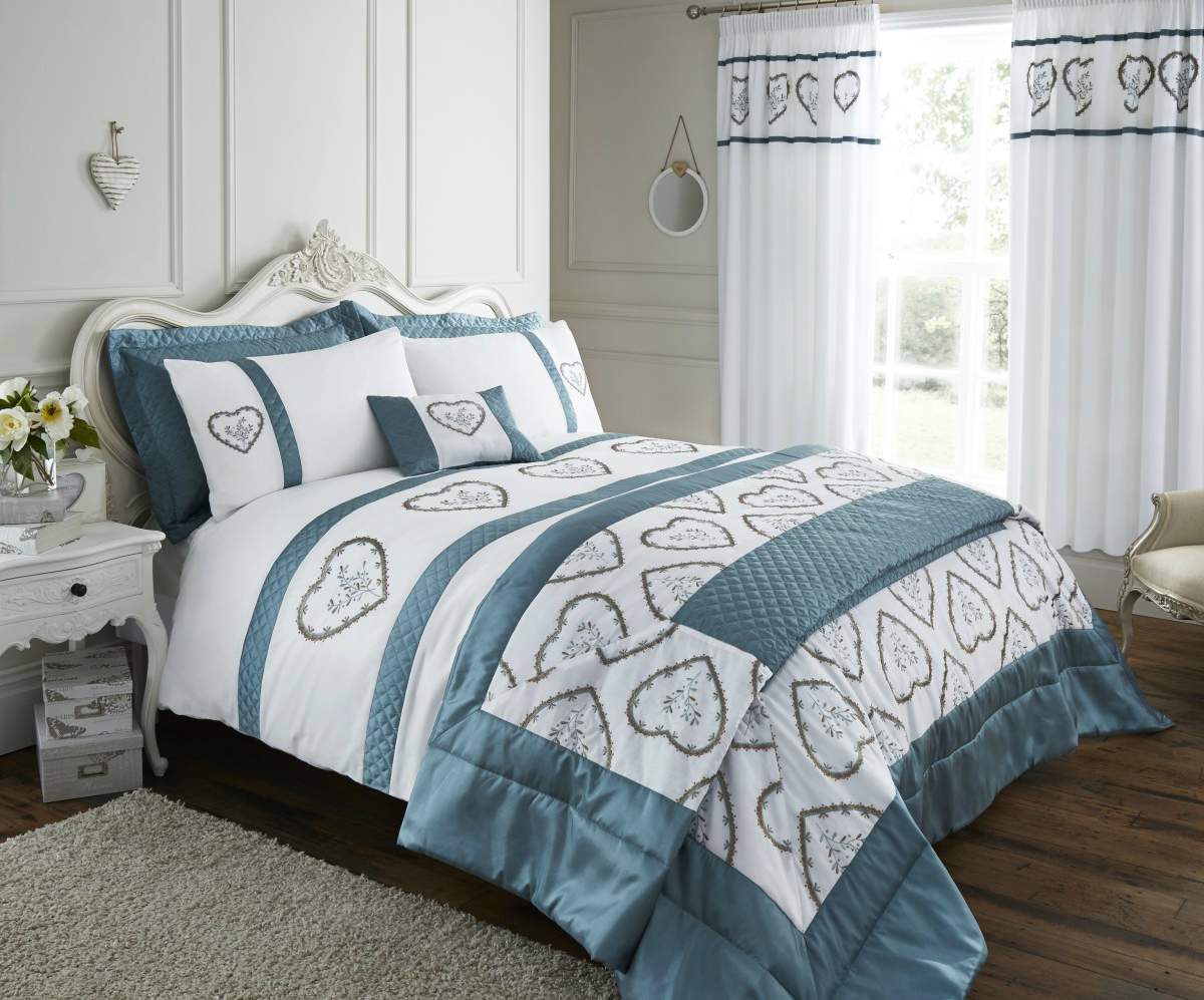 Coloroll White Blue Heart Embroidered Panel Double Size Duvet