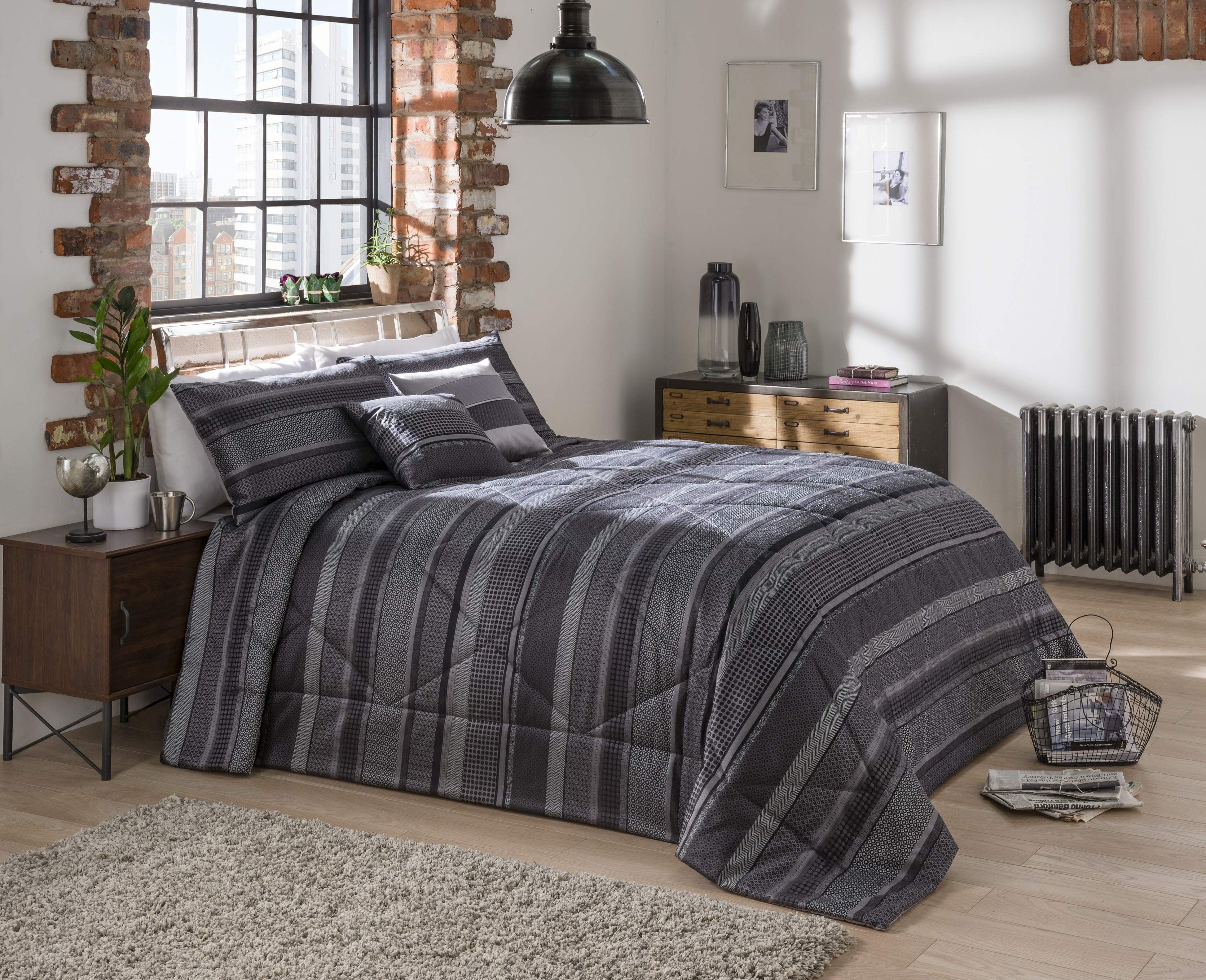 Coloroll Black Grey Lomas Stripe Jacquard Super King Size Duvet